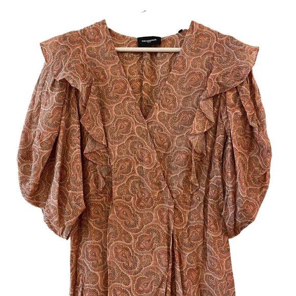 NEW THE KOOPLES Mini Silk Dress Paisley Lurex V-Neck Puff Sleeve Wrap Size 4 XL - Picture 4 of 12